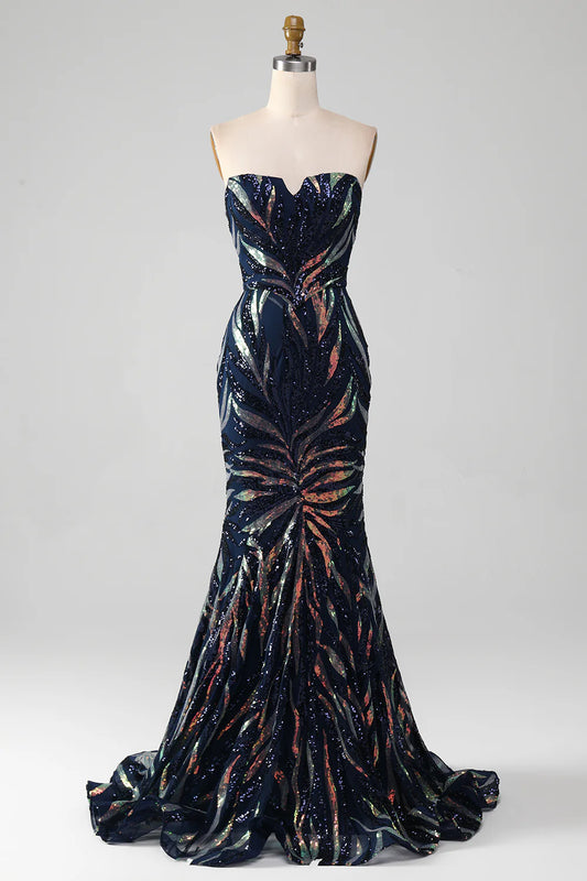 DingJiDress Sparkly Navy Mermaid Sequins Long Prom Dress