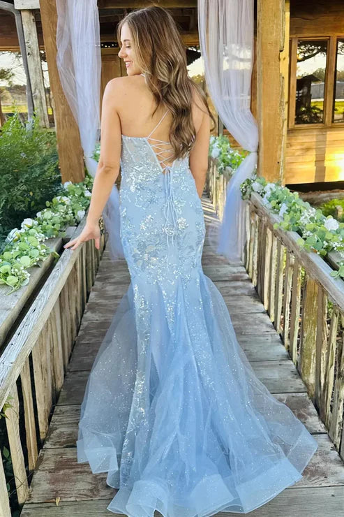 AerbaDress Light Blue Long Prom Dresses Scoop Neck Sequin Lace Trumpet Evening Dress