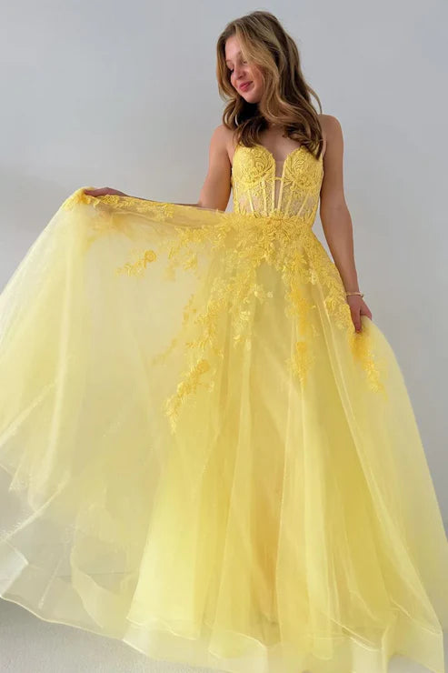 AerbaDress Fashion A-Line Evening Dress V Neck Yellow Tulle Lace Long Prom Dresses