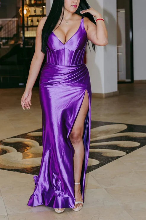 AerbaDress Fashion Dark Purple Evening Dress Corset Mermaid Long Satin Prom Dresses