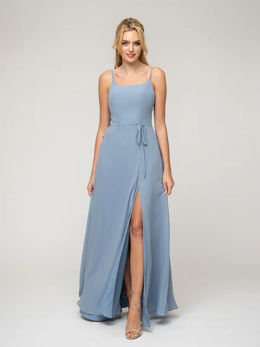 A Line Scoop Neckline Chiffon Slit Belt Bridesmaid Dresses