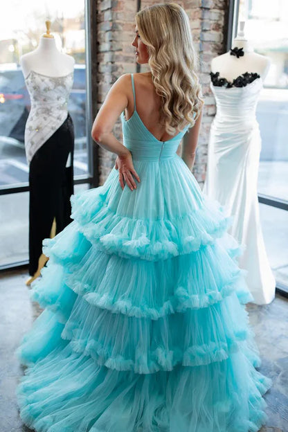 AerbaDress Long Prom Dresses Charming A-Line Evening Dress V Neck Ruffle Tiered Tulle