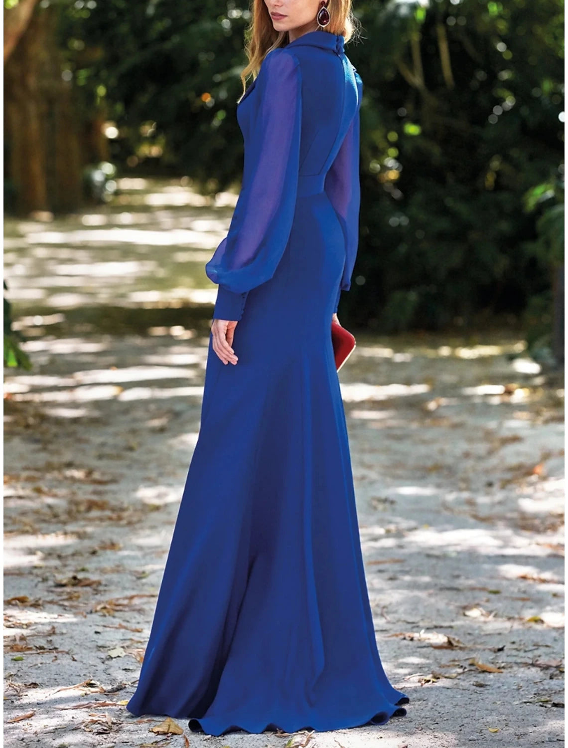 A-Line Evening Gown Elegant Dress Formal Sweep / Brush Train Long Sleeve V Neck Stretch Fabric with Buttons