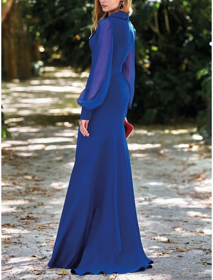 A-Line Evening Gown Elegant Dress Formal Sweep / Brush Train Long Sleeve V Neck Stretch Fabric with Buttons