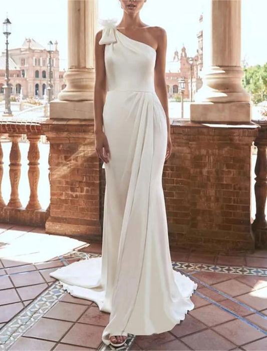 Little White Dresses Wedding Dresses A-Line One Shoulder Sleeveless Sweep / Brush Train Chiffon Bridal Gowns With Bow(s) Pleats