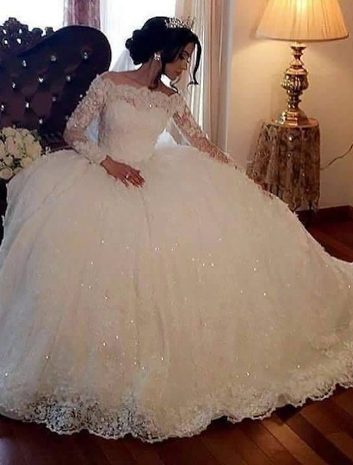 Engagement Formal Fall Wedding Dresses Ball Gown Off Shoulder Long Sleeve Floor Length Lace Bridal Gowns With Beading