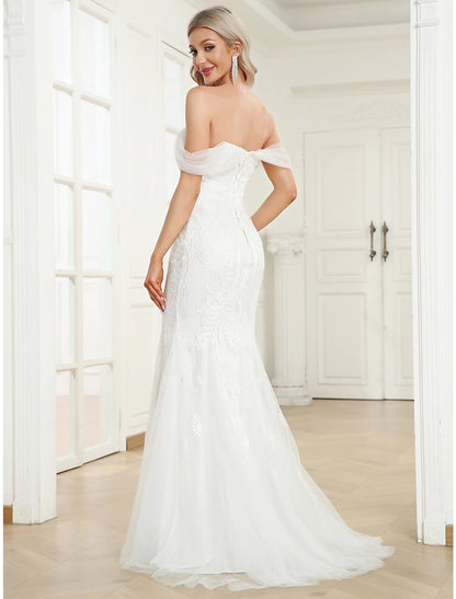 Reception Wedding Dresses Mermaid / Trumpet Off Shoulder Cap Sleeve Sweep / Brush Train Lace Bridal Gowns With Appliques