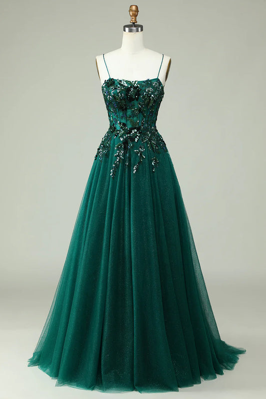 AerbaDress A Line Spaghetti Straps Dark Green Corset Prom Dress with Appliques