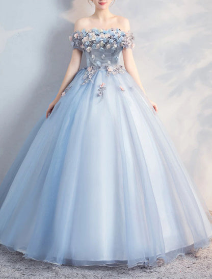 Ball Gown Floral Puffy Quinceanera Prom Dress Off Shoulder Short Sleeve Floor Length Polyester with Appliques