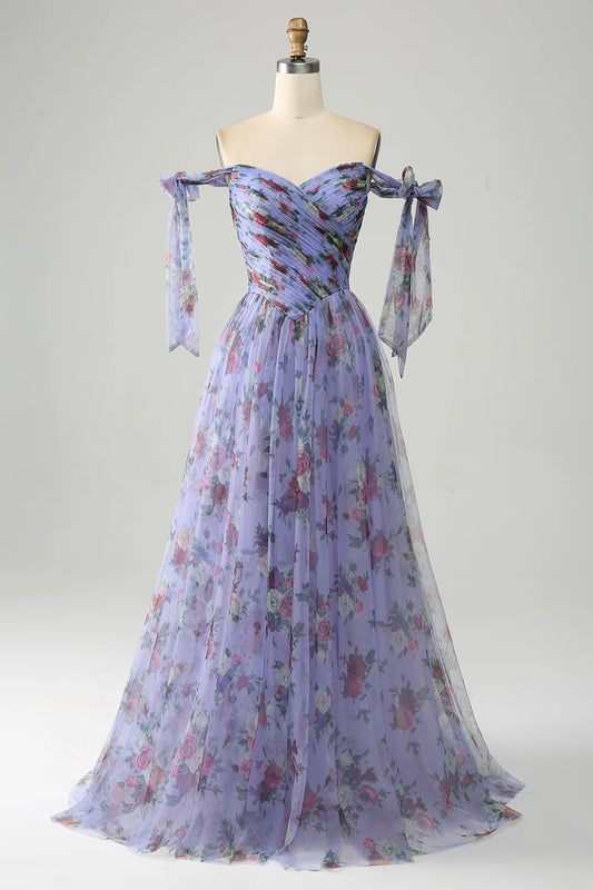 AerbaDress  Lavender Floral Print Tulle Prom Dress with Pleated