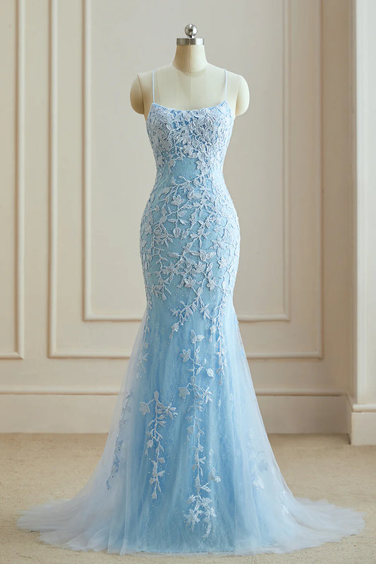 DingJiDress Elegant Spaghetti Straps Sky Blue Mermaid Backless Pageant Prom Dresses