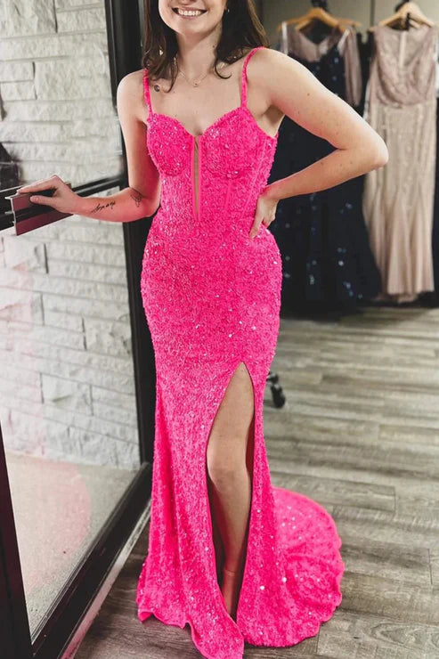 AerbaDress Sparkly Fuchsia Evening Dress Corset Sequins Long Mermaid Prom Dresses