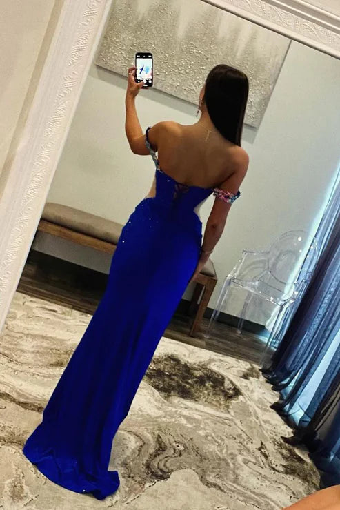 AerbaDress Royal Blue Off the Shoulder Evening Dress Beaded Long Prom Dresses