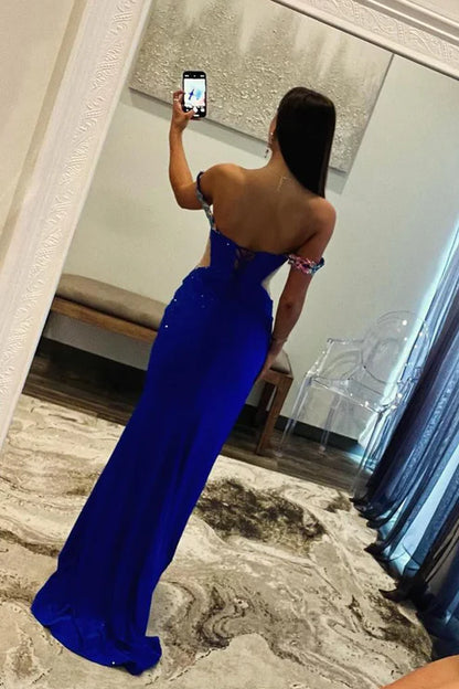 AerbaDress Royal Blue Off the Shoulder Evening Dress Beaded Long Prom Dresses
