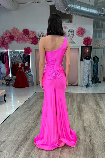 AerbaDress Elegant Fuchsia One Shoulder Cutout Mermaid Long Prom Dresses