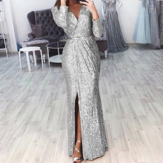 AerbaDress Womens Sequin Evening Dress Wrap V Neck Long Sleeve Side Split Formal Ball Gowns