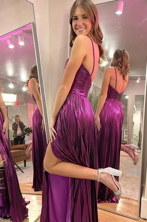 AerbaDress Magenta Evening Dress Spaghetti Straps Pleated A-Line Long Prom Dresses