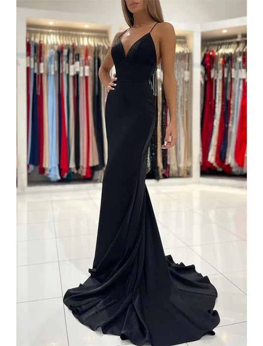 Mermaid / Trumpet Prom Dresses Open Back Dress Formal Prom Court Train Sleeveless V Neck Stretch Fabric with Pleats