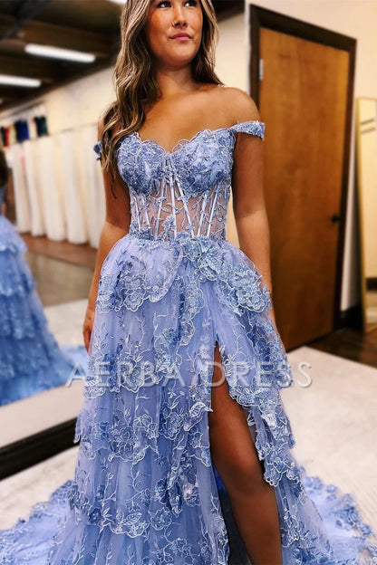 AERBA DRESS Evening Dress A LineTulle Off the Shoulder Sweetheart Tiered Ruffles Prom Dresses Split Sleeveless Corset Ball Gowns Long Dress
