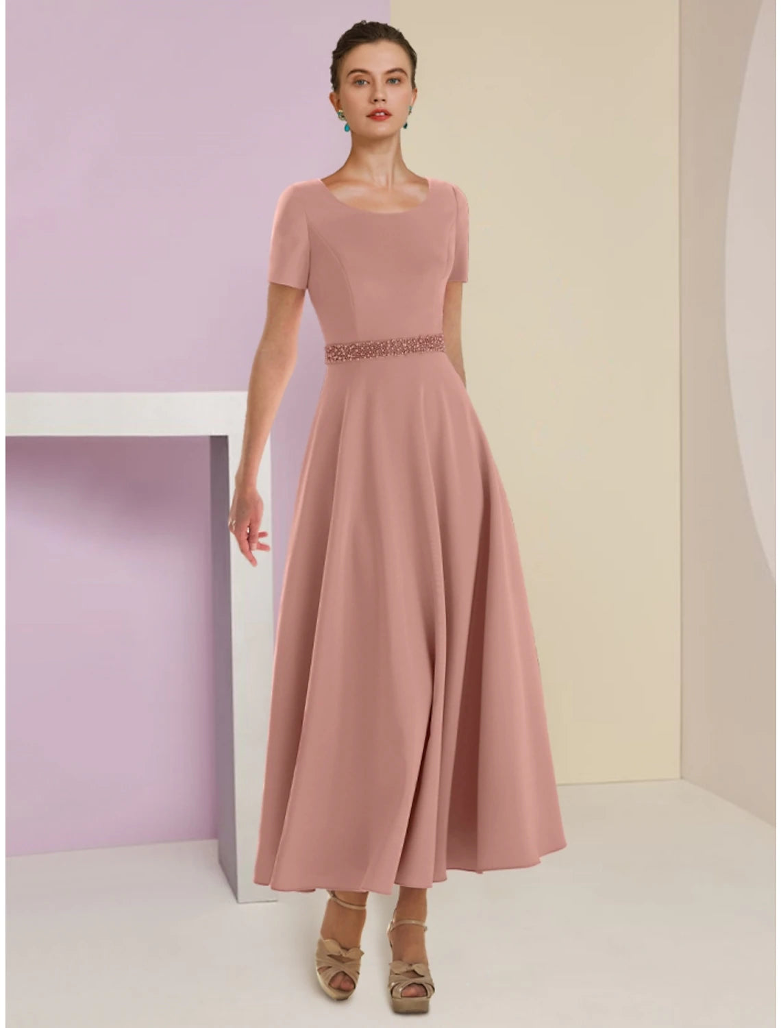 A-Line Mother of the Bride Dress Wedding Guest Elegant Scoop Neck Ankle Length Satin 3/4 Length Sleeve with Feather Bow(s) Beading