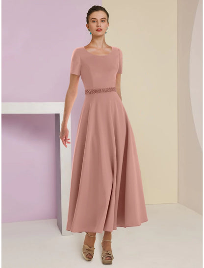 A-Line Mother of the Bride Dress Wedding Guest Elegant Scoop Neck Ankle Length Satin 3/4 Length Sleeve with Feather Bow(s) Beading