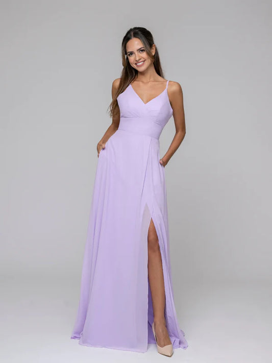 V Neck Spaghetti Strap Chiffon Bridesmaid Dresses With Slit