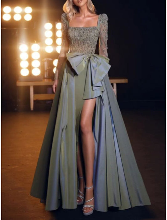 A-Line Prom Dresses Elegant Dress Formal Sweep / Brush Train Long Sleeve Square Neck Satin with Bow(s) Sequin