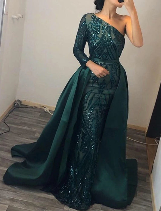 Mermaid / Trumpet Evening Gown Elegant Dress Formal Wedding Court Train Long Sleeve One Shoulder Detachable Satin with Sequin