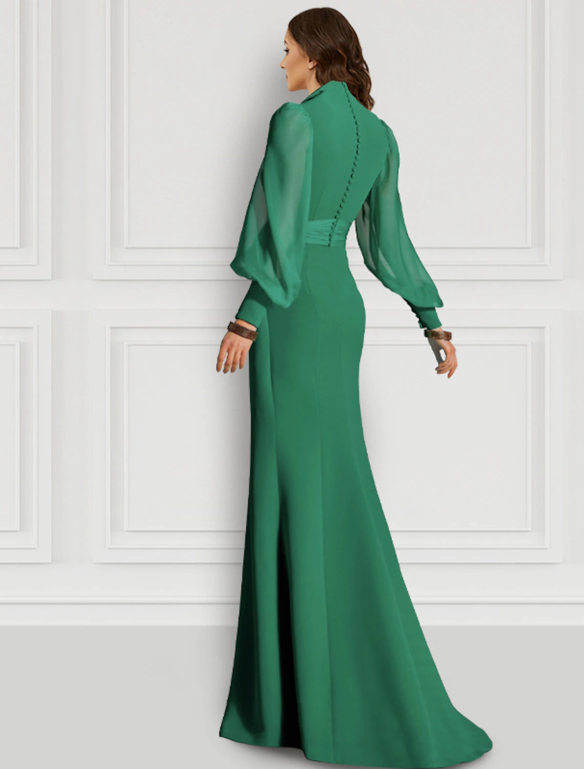 Sheath Evening Gown Sage Mother Elegant Dress Formal Sweep / Brush Train Long Sleeve V Neck Chiffon with Slit Strappy