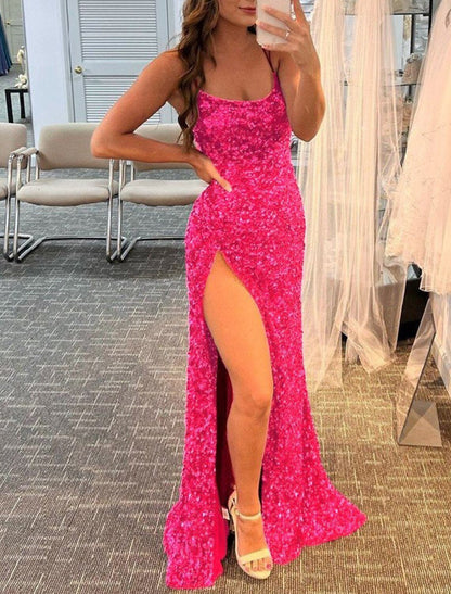 Mermaid / Trumpet Prom Dresses Sparkle & Shine Dress Party Wear Floor Length Sleeveless Spaghetti Strap Sequined with Sequin