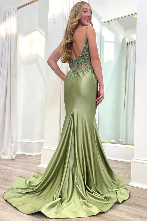 AerbaDress Sage Green Prom Dresses Spaghetti Strap Backless Trumpet Long Gown