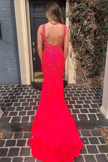 AerbaDress Red Evening Dress V Neck Long Mermaid Prom Dresses with Beaded