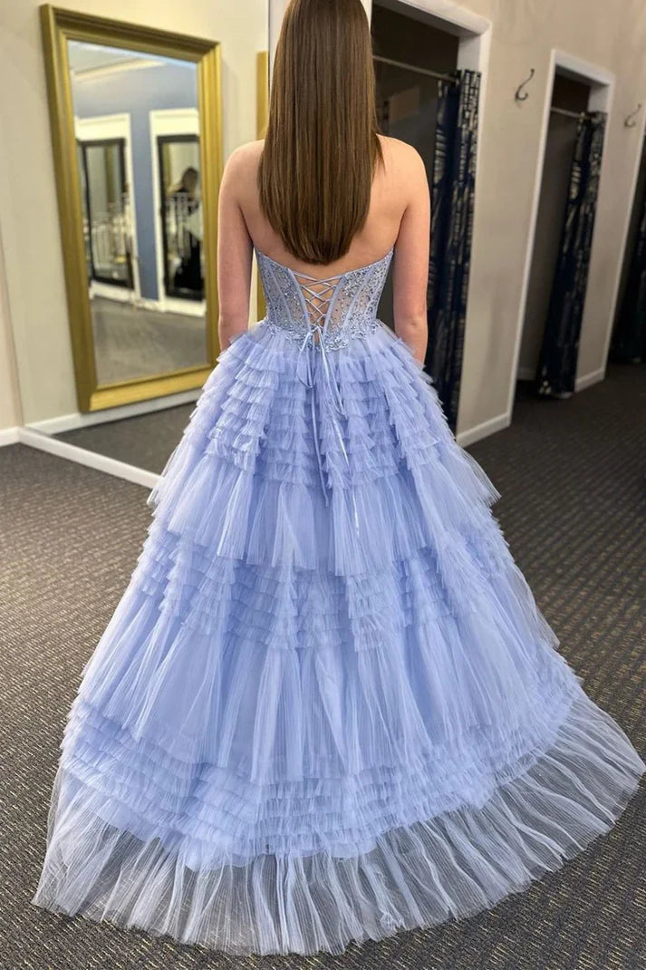 AerbaDress Elegant A-Line Ruffle Evening Dress Tiered Tulle Long Prom Dresses with Appliques