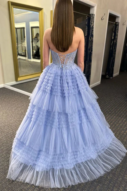 AerbaDress Elegant A-Line Ruffle Evening Dress Tiered Tulle Long Prom Dresses with Appliques