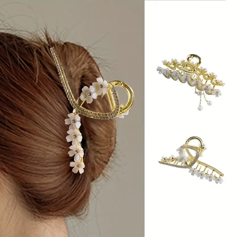 Aerba 2Pcs/Set New Design Cherry Blossom With Diamond Tassel Alloy Clip High-grade Back Of The Head Temperament Plate Hair Sweet Fashion Girl Hair Clip