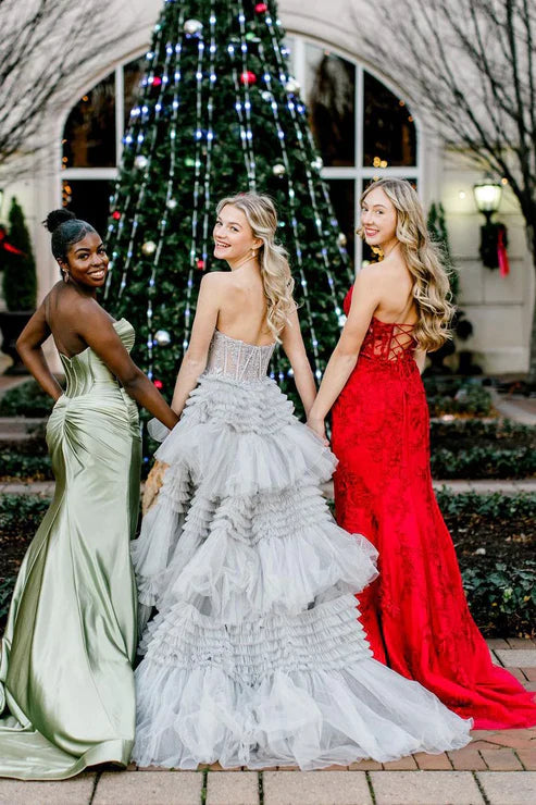 AerbaDress Fashion Light Grey Long Sweetheart Ruffle Tiered Prom Dresses