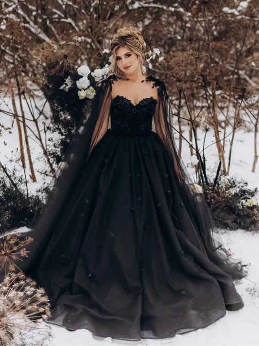 Black Gothic 3D Flower Bridal Gown With Cape