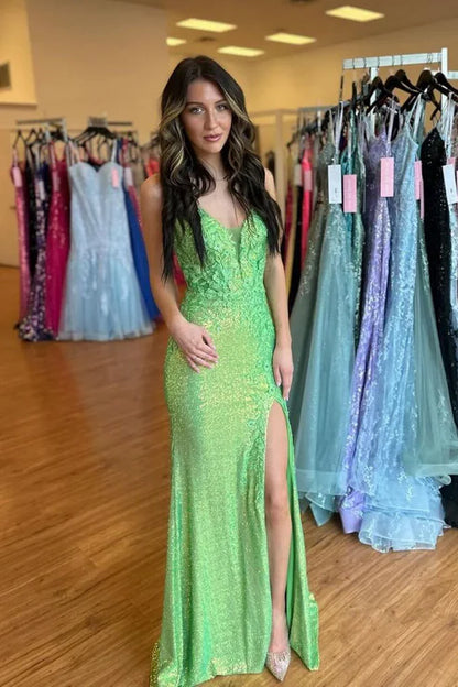 AerbaDress Mermaid Evening Dress V Neck Green Sequin Mermaid Long Prom Dresses Cute