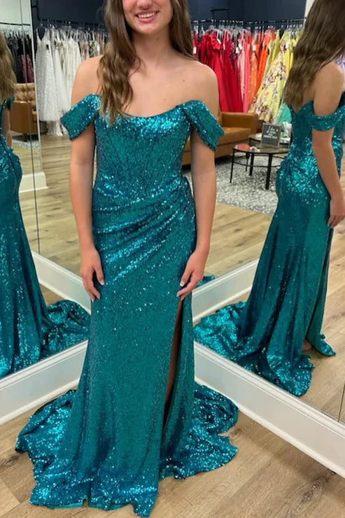 AerbaDress Fashion Sparkly Evening Dress Turquiose Corset Long Sequins Prom Dress