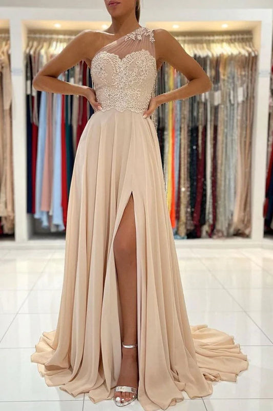 AerbaDress Chiffon One Shoulder Prom Dress Sparkle Open Back Prom Dresses