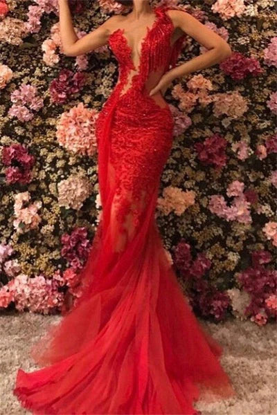 AerbaDress Prom Dresses One-Shoulder Appliquéd Tulle Beaded Mermaid Floor-Length Evening Dress