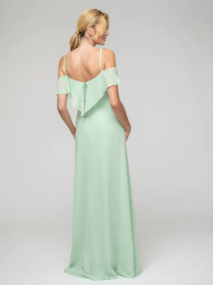 Cold Shoulder Ruffles Chiffon Bridesmaid Dresses With Open Back