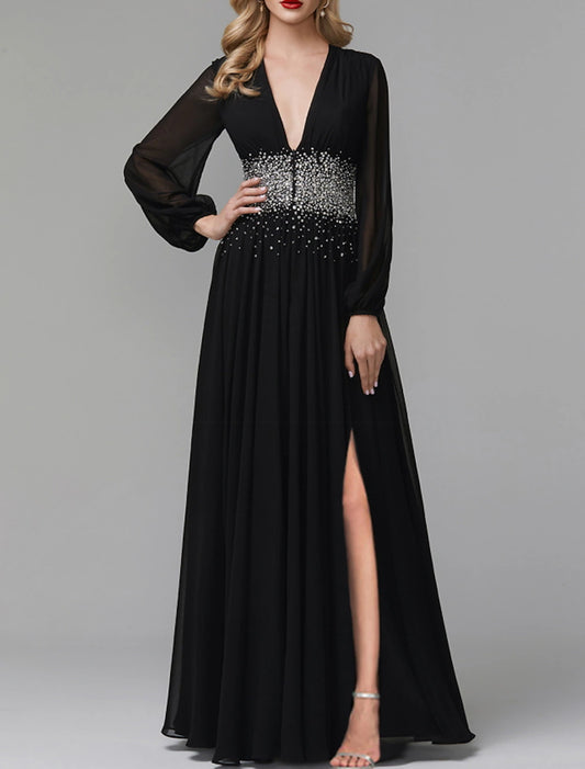 A-Line Evening Gown Luxurious Dress Party Wear Formal Evening Floor Length Long Sleeve V Neck Tulle with Pleats Sequin Slit