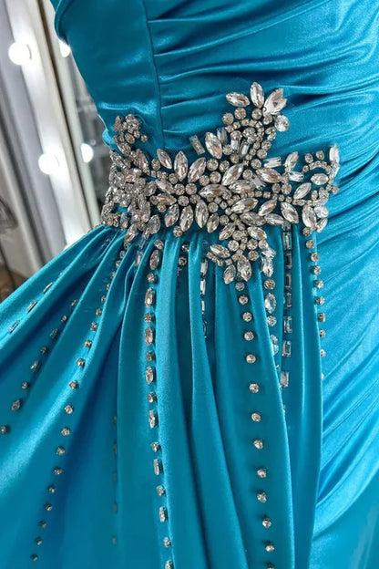 AerbaDress Elegant Teal Blue Beaded Spaghetti Strap Long Gown with Attached Train