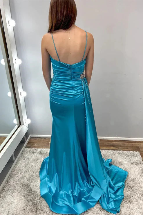 AerbaDress Elegant Teal Blue Beaded Spaghetti Strap Long Gown with Attached Train
