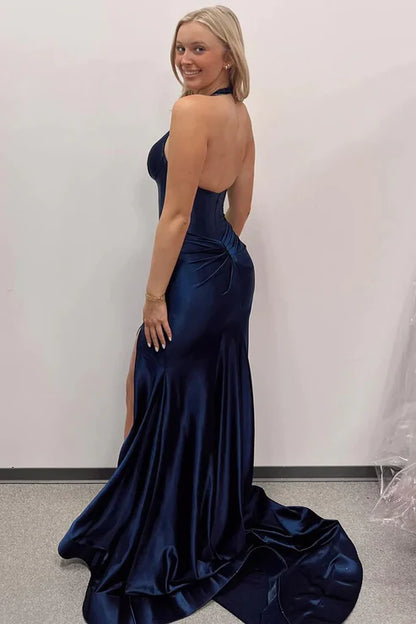 AerbaDress Fashion Navy Evening Dress Halter Mermaid Long Prom Dresses