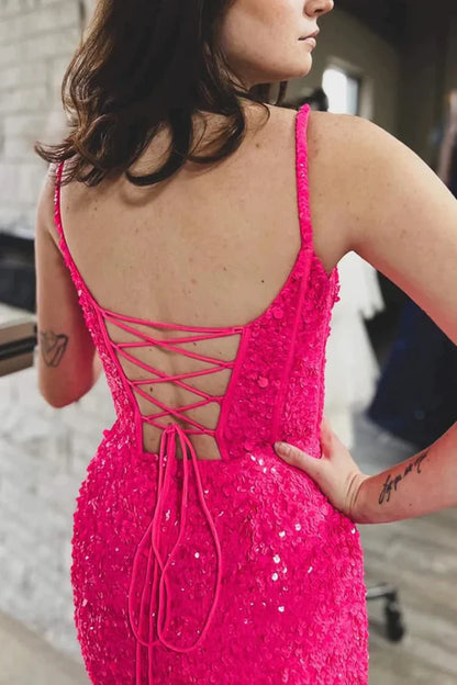 AerbaDress Sparkly Fuchsia Evening Dress Corset Sequins Long Mermaid Prom Dresses
