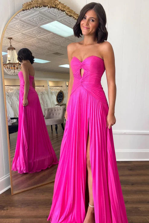 AerbaDress A-Line Prom Dresses Hot Pink Strapless Keyhole Pleated Evening Dress