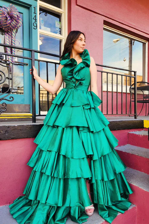 AerbaDress A-Line Evening Dress Halter Green Ruffle Satin Long Prom Dresses