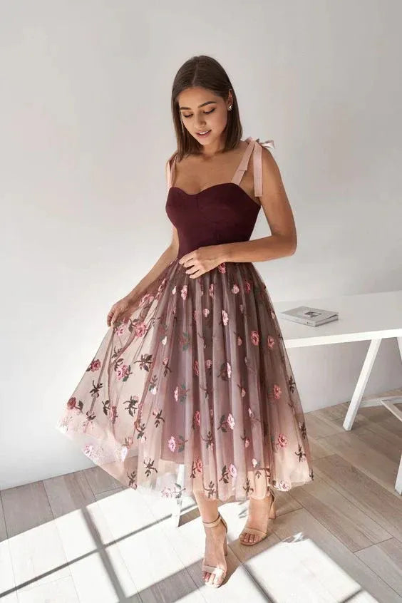 AerbaDress A Line Prom Dresses Tulle Floral Tea Length